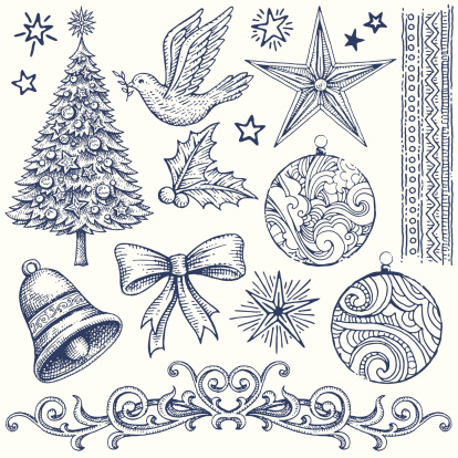 Various hand drawn Christmas design elements. Global colors used. Hi res jpeg included. Please see more works of mine linked below. 