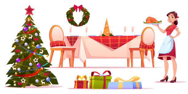 ilustrações de stock, clip art, desenhos animados e ícones de christmas dinner set, woman hold tray with turkey - woman holding a christmas gift