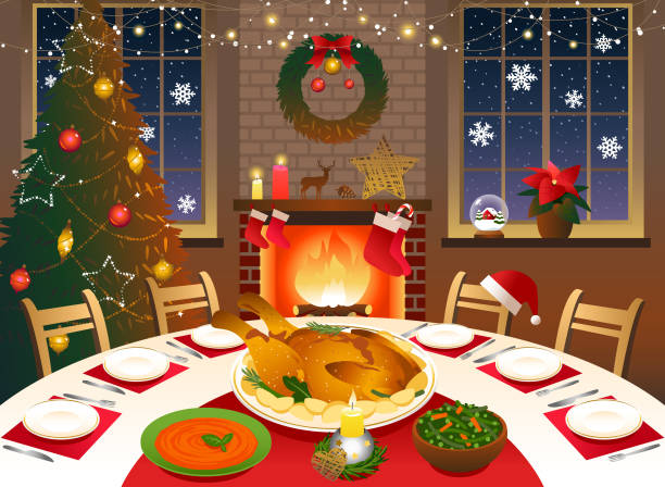 크리스마스 저녁 식사 - christmas table stock illustrations