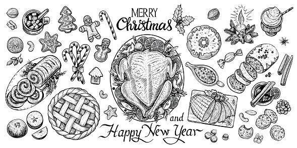 Christmas dinning table, vector illustration. Wintertime food and drinks top view.