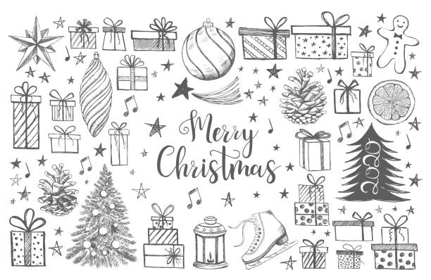 Christmas Doodle collection. Merry Christmas and New Year set. Christmas Doodle collection. Merry Christmas and New Year set. gift drawings stock illustrations