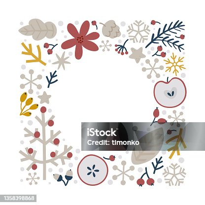 istock Christmas doodle hand drawn vector floral square frame with branches and snowflakes for text decoration. Cute holiday Scandinavian style illustration 1358398868