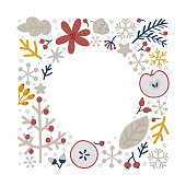 istock Christmas doodle hand drawn vector floral square frame with branches and snowflakes for text decoration. Cute holiday Scandinavian style illustration 1358398868