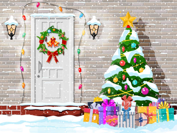 ilustraciones, imágenes clip art, dibujos animados e iconos de stock de decoración de la puerta de navidad. - christmas lights house