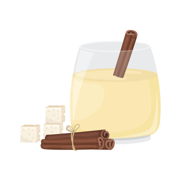 Christmas egg nog in a glass glass and cinnamon stick. Isolated vector illustration.  eggnog stock illustrations
