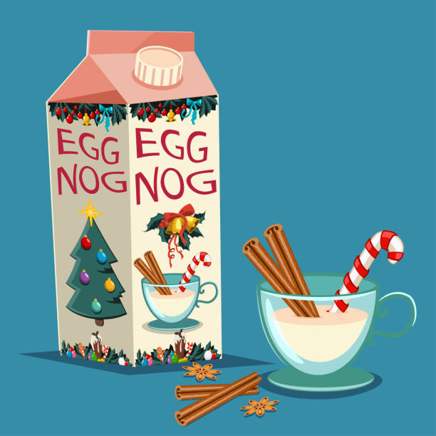 Christmas eggnog in carton package with cinnamon, candy cane and a glass with a drink. Vector set of traditional holiday treats isolated on background. Christmas egg nog with cinnamon vector isolated. eggnog stock illustrations