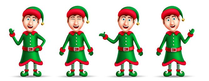 Christmas elf character vector set. Elves in 3d realistic characters in standing, waving and smiling friendly gestures and expression for xmas collection design.