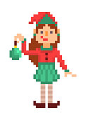Christmas elf girl with a green toy, pixel art character isolated on white background. 8 bit retro old school 80s; 90s slot machine/video game grapics. Santa's helper.