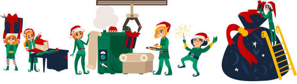 weihnachtswichteln machen geschenke in santa werkstatt - werkstatt stock-grafiken, -clipart, -cartoons und -symbole