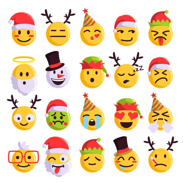 Christmas emoji funny and cute holiday set Christmas emoji funny and cute holiday set. Santa Claus, snowman festive emoji collection, Vector flat style cartoon illustration isolated on white background christmas clipart stock illustrations