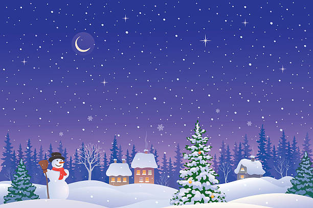 Christmas eve landscape Vector illustration of a snowy Christmas eve village and a cute snowman. landscape scenery clipart stock illustrations