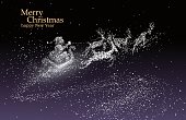 Santa Claus giving gifts, vector particles illustrations.