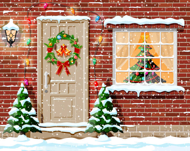 Christmas facade decoration. Christmas facade decoration. Entrance to suburban house decorated with wreath, bells, garland lights. Holiday greetings. Snowflakes, snowdrifts. New year and xmas celebration. Flat vector illustration christmas lights house stock illustrations