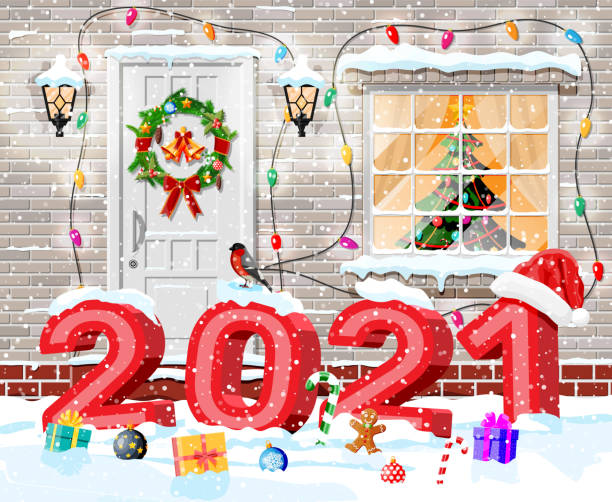 Christmas facade decoration. Christmas facade decoration with 2021 bold letters. Entrance to suburban house decorated with wreath, bells, garland lights. Holiday greetings. New year and xmas celebration. Flat vector illustration christmas lights house stock illustrations