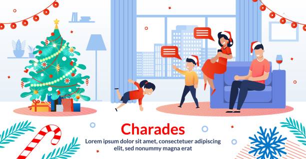 Christmas Family Traditions Flat Vector Banner Merry Christmas, Happy New Year Celebration Family Tradition, Holiday Games Trendy Flat Vector Horizontal Banner, Poster. Smiling Parents Playing in Charades with Kids near Christmas Tree Illustration charades stock illustrations