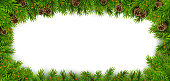 Rectangular perimeter border made of evergreen spruce branches, pine cones and snowflakes. For Christmas decorations and greeting card designs. Isolated on a white background. Realistic vector
