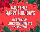 Christmas font. Holiday typography alphabet with season wishes and festive illustrations. Type design for holiday new year celebration. Design vector background with hand-drawn lettering.
