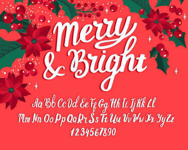 Christmas font. Holiday typography alphabet with season wishes and festive illustrations. Christmas font. Holiday typography alphabet with season wishes and festive illustrations. Handwritten script for holiday new year celebration. Design vector with hand-drawn lettering. svg stock illustrations