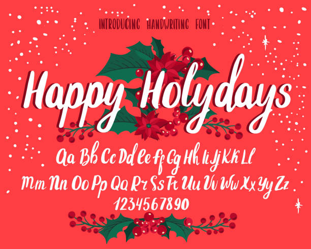 Christmas font. Holiday typography alphabet with season wishes and festive illustrations. Christmas font. Holiday typography alphabet with season wishes and festive illustrations. Handwritten script for holiday new year celebration. Design vector with hand-drawn lettering. svg stock illustrations