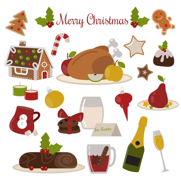 Christmas food vector set. Set of traditional christmas food and desserts holiday decoration. Christmas food xmas sweet celebration dessert. Vector traditional festive winter cake homemade christmas food. meat loaf stock illustrations