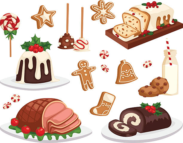 Christmas food vector set. Set of traditional christmas food and desserts holiday decoration. Christmas food xmas sweet celebration dessert. Vector traditional festive winter cake homemade christmas food. meat loaf stock illustrations