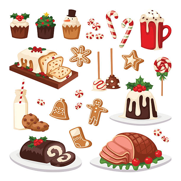 Christmas food vector set. Set of traditional christmas food and desserts holiday decoration. Christmas food xmas sweet celebration dessert. Vector traditional festive winter cake homemade christmas food. meatloaf stock illustrations