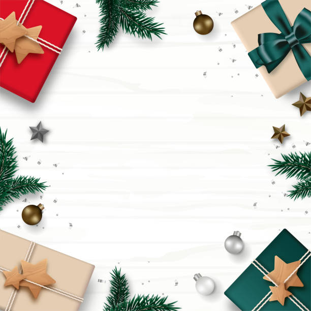 크리스마스 프레임 테두리 구성. 선물 상자, 소나무, 크리스마스 공, 별, 흰색 나무 배경에 고립 된 색종이. 맨 위 보기입니다. 벡터 그림입니다. - christmas table stock illustrations
