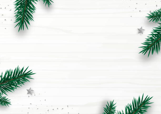 bildbanksillustrationer, clip art samt tecknat material och ikoner med julram dekor med gran gren, stjärnor, konfetti, isolerade på vit trä bakgrund. platt låg. överst vyn. kopiera utrymme. sportlov. minimal stil. vektorillustration. - julbord