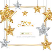 Merry Christmas and Happy New Year Banner with Frame. Glitter Background with Silver and Gold Hanging Stars. Vector illustration. Sequins Pattern. Glowing Invitation Template.