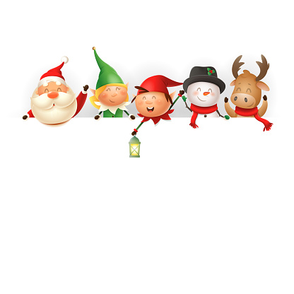 Christmas friends on board - template with Santa, Elves girl and boy, Snowman and Reindeer - vector illustration