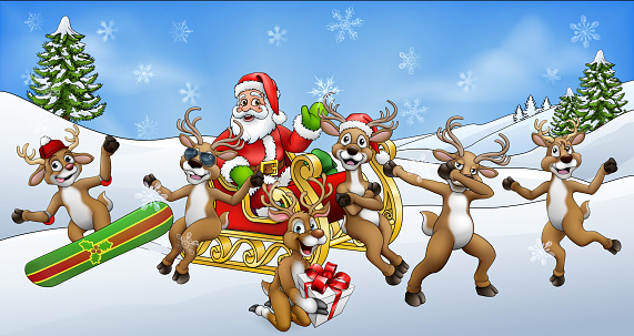 Christmas Fun Scene Santa Claus Sled and Reindeer