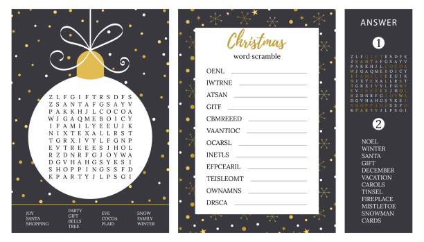 Christmas games. Word search puzzle, word scramble. Logic games for adults and teenagers. Activities ideas supplies maze silhouettes stock illustrations