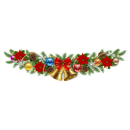 Christmas garland with pine branches, poinsettia flowers, decorations and gold bells with red bow