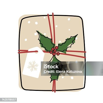 istock Christmas Gift box in craft paper with Holly berry icon, Winter plant. Hand made eco friendly packaging gifts in kraft paper. Sketch Vector illustration. Preparing for celebration christmas eve 1425118557