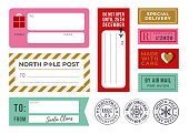 Christmas Gift Tags, Sticky Labels and Mailing Rubber Stamps. Stock illustration