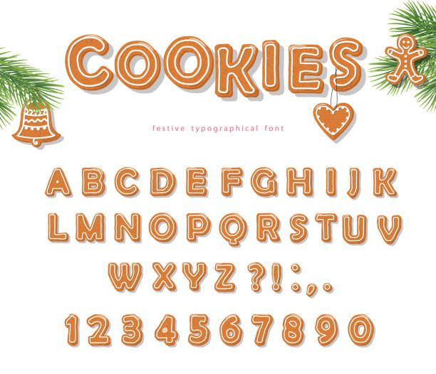 Christmas Gingerbread Cookie font. Biscuit letters and numbers. Vector EPS10 Christmas gingerbread font. Biscuit hand-drawn letters and numbers. Vector EPS10 gingerbread house stock illustrations