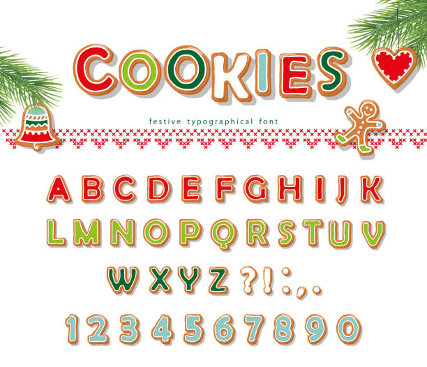 weihnachten lebkuchen schriftart. keks buchstaben und zahlen. vektor - lebkuchen stock-grafiken, -clipart, -cartoons und -symbole