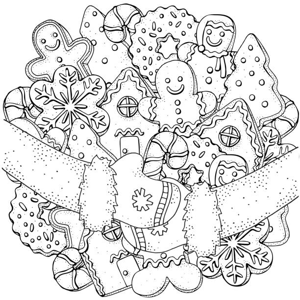 Christmas gingerbread cookies, holiday baking. Circle winter pattern with Christmas hand-drawn decorative elements in vector. Coloring book page for adults. Black and white. Christmas gingerbread cookies, holiday baking. Circle winter pattern with Christmas hand-drawn decorative elements in vector. Coloring book page for adults. Black and white. gingerbread man coloring page stock illustrations