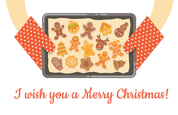 bildbanksillustrationer, clip art samt tecknat material och ikoner med christmas gingerbread cookies just baked on tray vector background - christmas baking