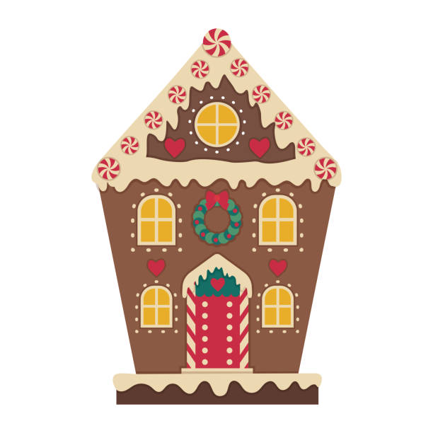 Christmas Gingerbread House Decorated with Icing Icon Christmas gingerbread house with sugar icing, sweet frosting, windows, doors and porch. Traditional Xmas fairy-tale cookie in building shape. Decorated crisp ginger biscuit icon for winter holidays. gingerbread house stock illustrations