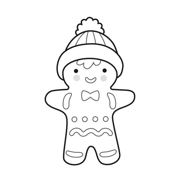 Christmas gingerbread man. Holiday decoration, treat, cookies. Outline illustration. Vector isolated emblem for logo, coloring book, tattoo, print. Cartoon character. gingerbread man coloring page stock illustrations