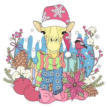 Christmas Giraffe Coloring Page Stock Illustration - Download Image Now