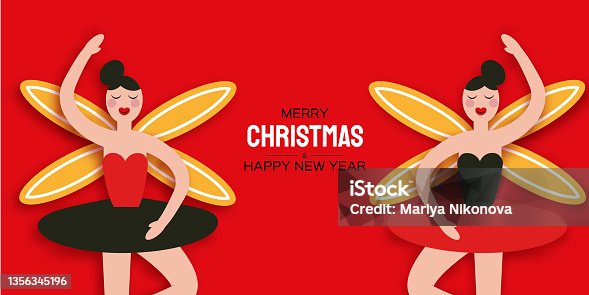 istock Christmas Girl Ballerina in paper cut style. Cute magic fairy toy. December Ballet party. Creative Merry Xmas invitation. Happy New Year. Winter holidays. Space for text. 1356345196