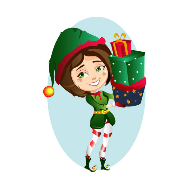 ilustrações de stock, clip art, desenhos animados e ícones de christmas girl elf holding 3 gift in funny clothes. vector illustration. - woman holding a christmas gift