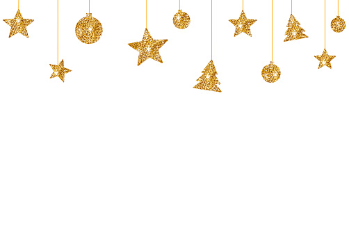 Christmas glitter golden decoration, star, ball, tree hanging from top isolated  on png or transparent  background, space for text, sale banner template , New Year, Birthdays,  luxury card, vector