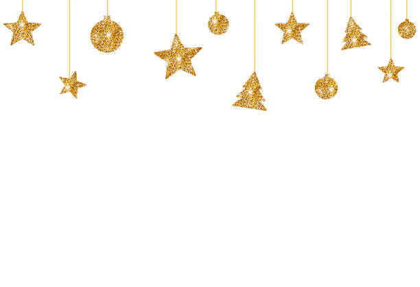 Christmas glitter golden decoration, star, ball, tree hanging from top isolated  on white or transparent  background, space for text, sale banner template , New Year, Birthdays,  luxury card, vector Christmas glitter golden decoration, star, ball, tree hanging from top isolated  on white or transparent  background, space for text, sale banner template , New Year, Birthdays,  luxury card, vector Gold Ornament stock illustrations