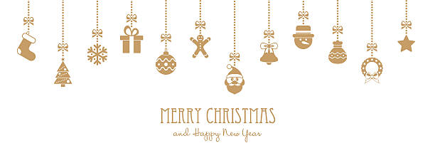 Christmas Golden Hanging Elements and Greeting Text - illustration Christmas elements: christmas present illustrations stock illustrations