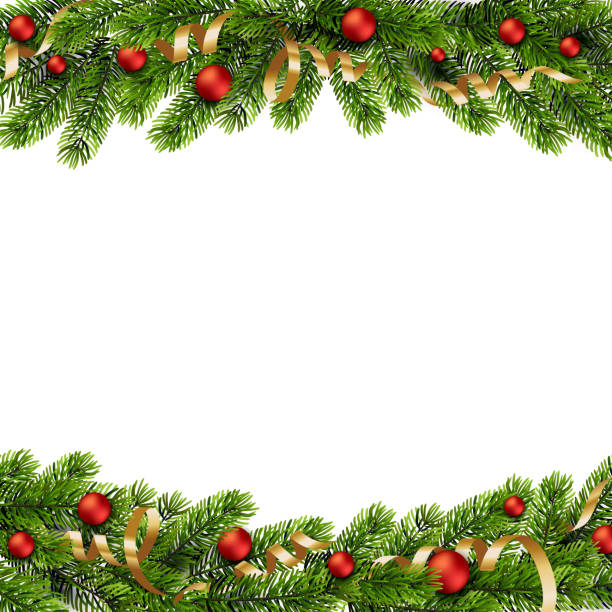 рождественские зеленые сосновые ветви и красные безделушки - christmas decoration stock illustrations