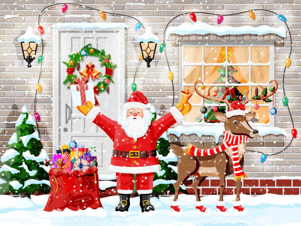 ilustraciones, imágenes clip art, dibujos animados e iconos de stock de fondo de la tarjeta de felicitación de navidad. - christmas lights house
