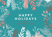 istock Christmas Greeting Card design with garland branches Happy Holidays type design 1283935016